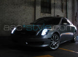 Three quarters view of an Infiniti G35 with white LED headlight halo rings.