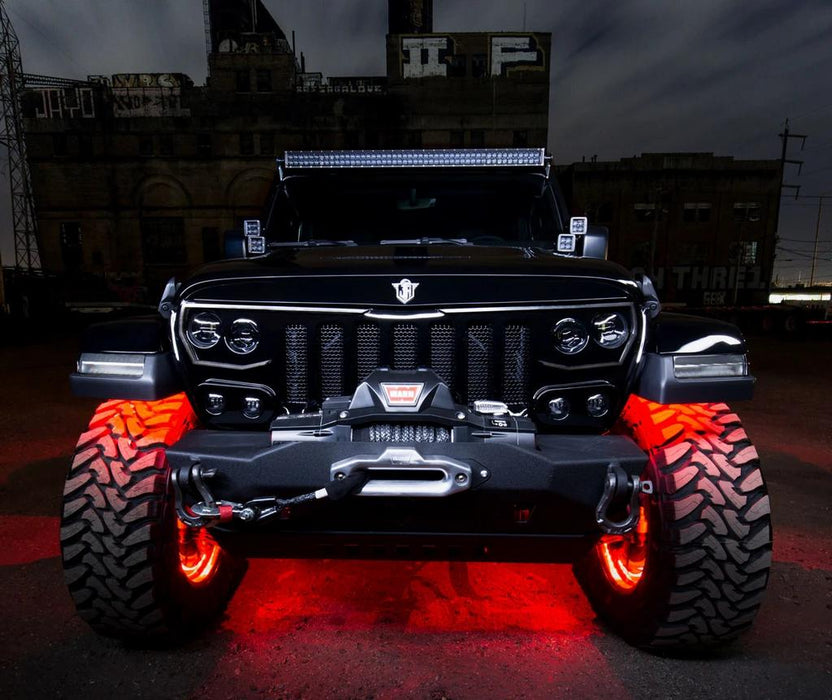 Front end of a Jeep with Upper Windshield Brackets and Light Combo installed.