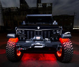 Front end of a Jeep with Upper Windshield Brackets and Light Combo installed.