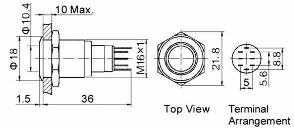Diagram for Pre-Wired Power Symbol Flush Mount LED Switch with measurements