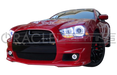 Front end of a Dodge Charger with white LED headlight and fog light halo rings installed.