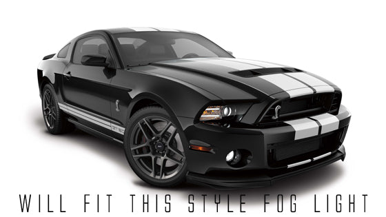 Three quarters view of a Ford Mustang with white LED fog light halo rings.