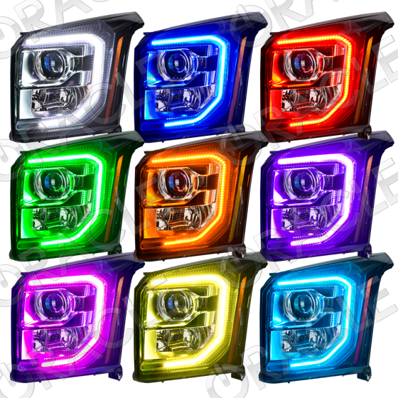 Grid view of GMC Yukon headlights showing different LED halo colors.