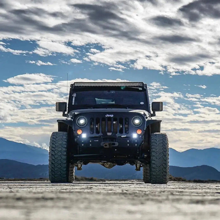 Front view of a Jeep Wrangler JK with LED Off-Road Side Mirrors installed.