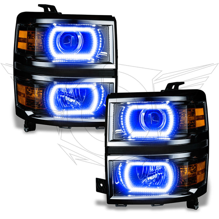 Chevrolet Silverado headlights with blue LED halo rings.