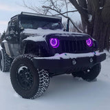 Three quarters view of a Jeep Wrangler with 7" High Powered LED Headlights installed.