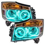 Nissan Armada headlights with cyan LED halo rings.