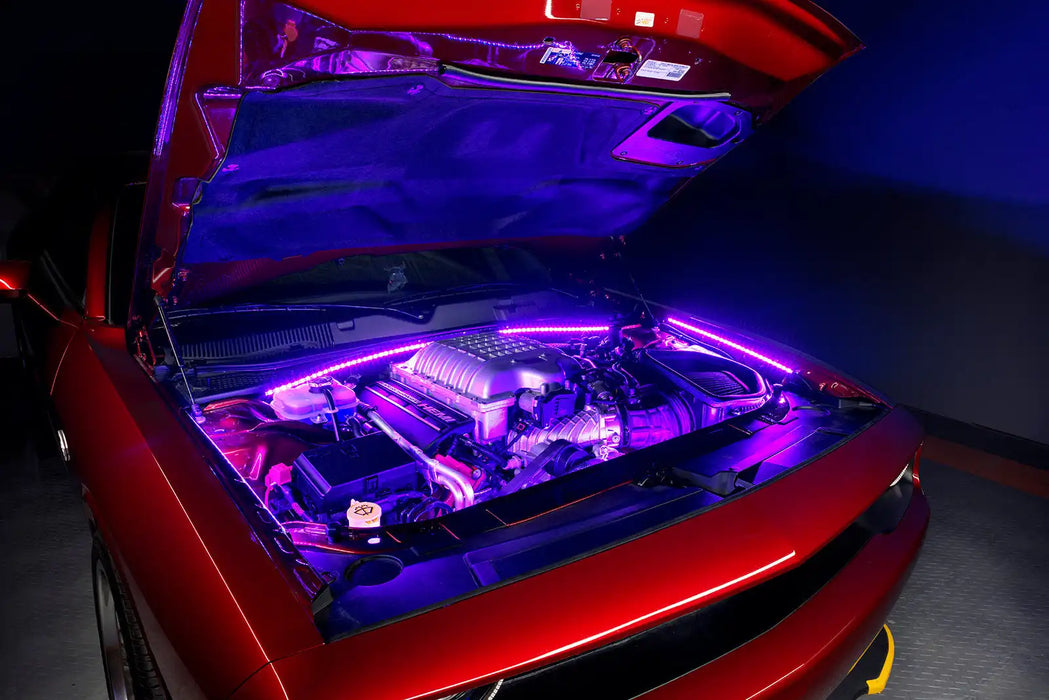 Red Challenger with purple engine bay lighting.