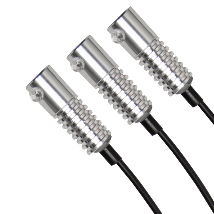 Close-up on three Fiber Optic LED Light Heads.