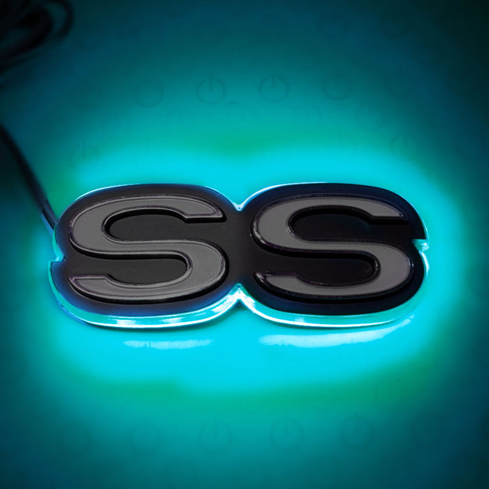Illuminated SS Emblem with cyan LEDs.