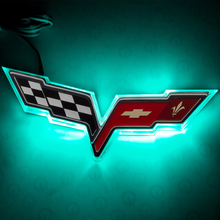 2005-2013 Chevrolet C6 Corvette Illuminated Emblem with cyan LEDs.