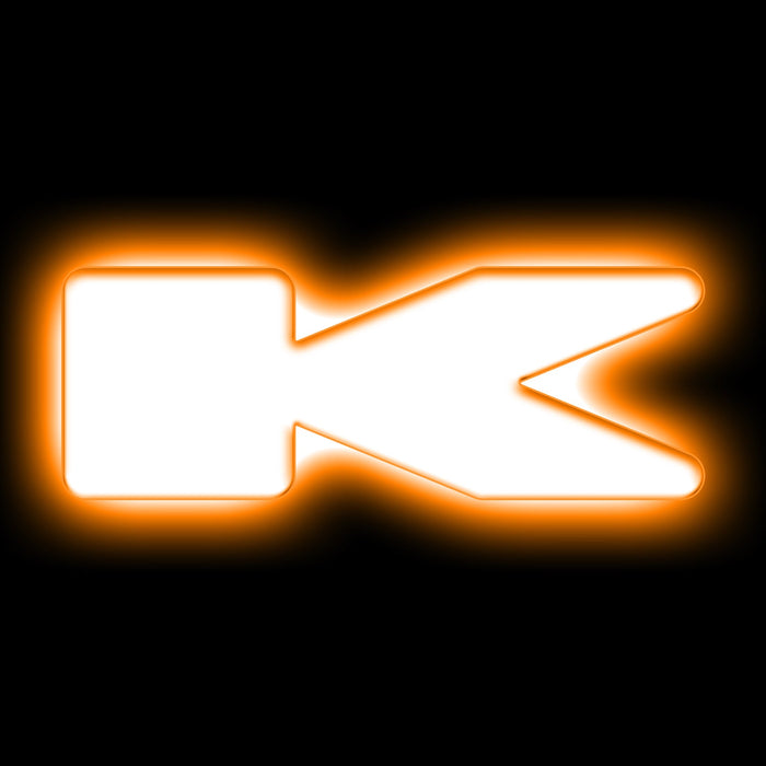 The letter "K" Amber LED Illuminated Letter Badge with matte white finish.