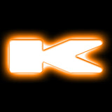The letter "K" Amber LED Illuminated Letter Badge with matte white finish.