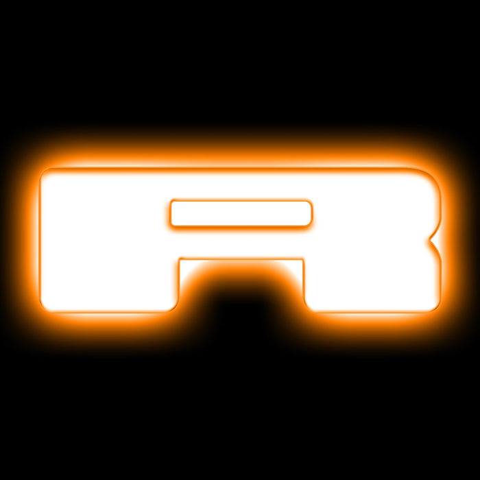 The letter "R" Amber LED Illuminated Letter Badge with matte white finish.
