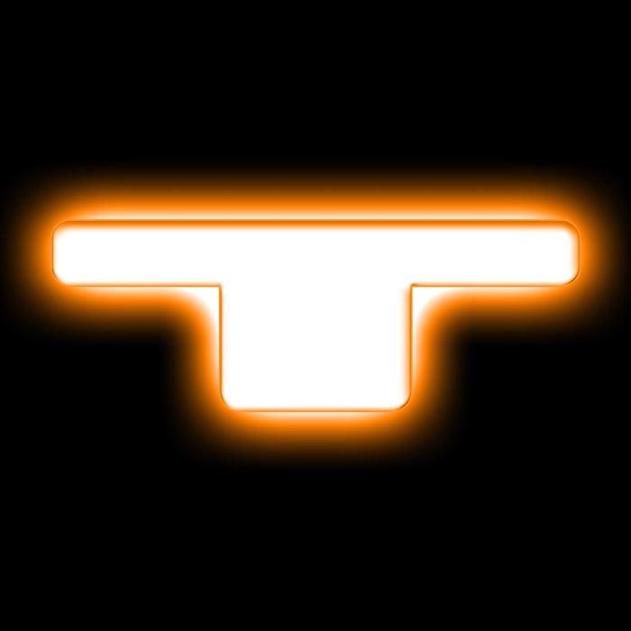 The letter "T" Amber LED Illuminated Letter Badge with matte white finish.