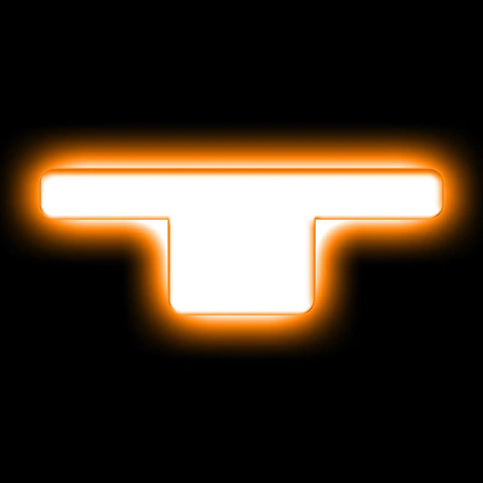 The letter "T" Amber LED Illuminated Letter Badge with matte white finish.