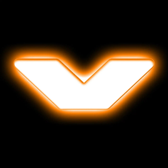 The letter "V" Amber LED Illuminated Letter Badge with matte white finish.
