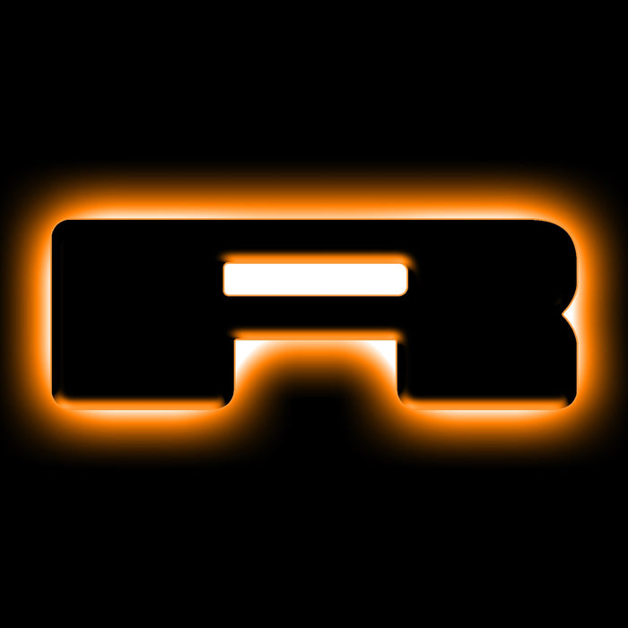 The letter "R" Amber LED Illuminated Letter Badge with matte black finish.