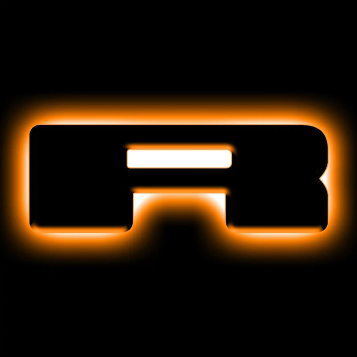 The letter "R" Amber LED Illuminated Letter Badge with matte black finish.