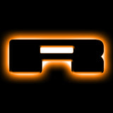 The letter "R" Amber LED Illuminated Letter Badge with matte black finish.