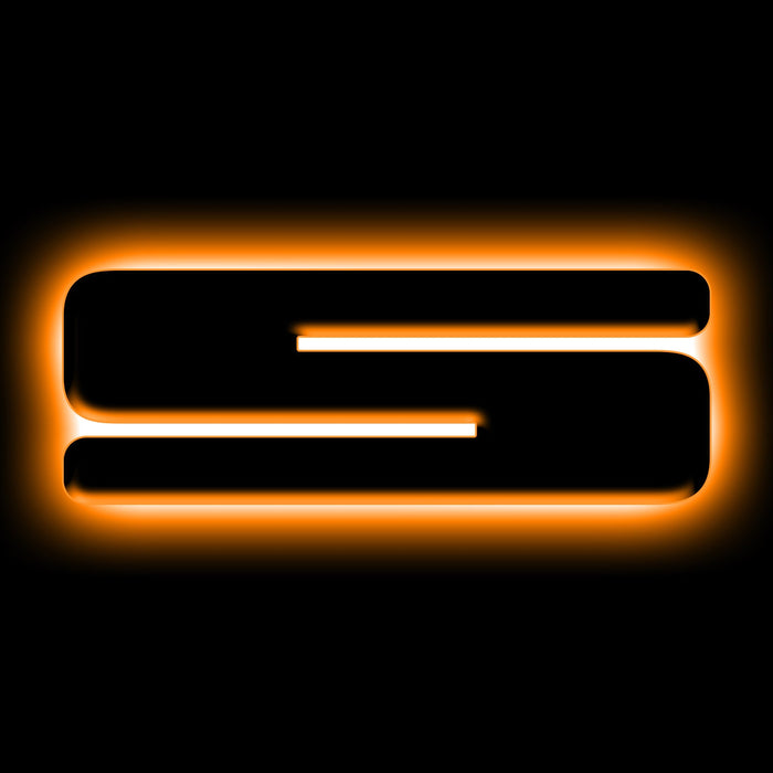 The letter "S" Amber LED Illuminated Letter Badge with matte black finish.