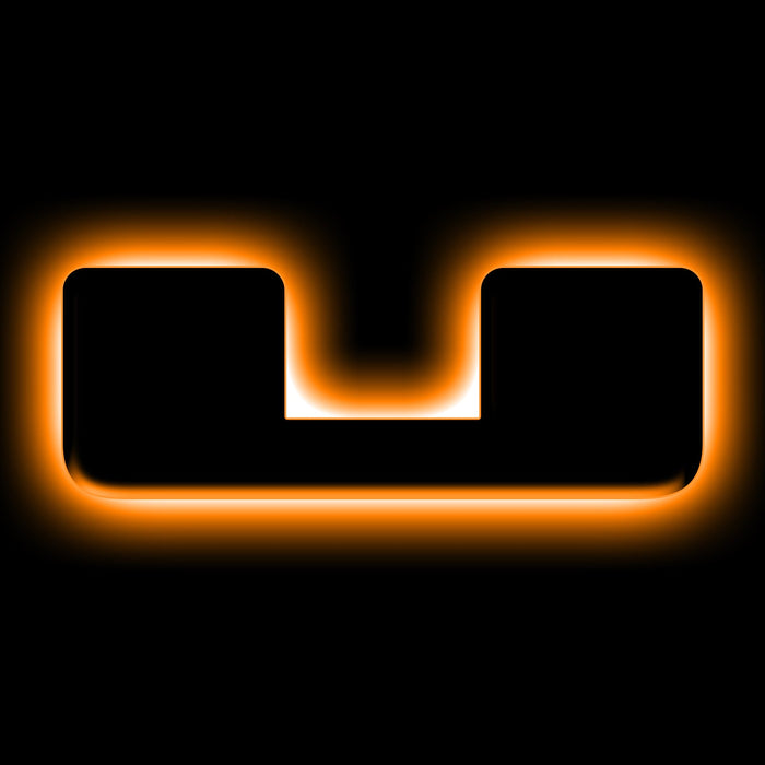 The letter "U" Amber LED Illuminated Letter Badge with matte black finish.