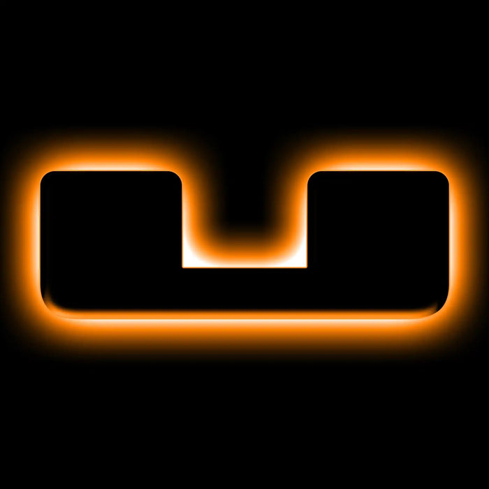The letter "U" Amber LED Illuminated Letter Badge with matte black finish.