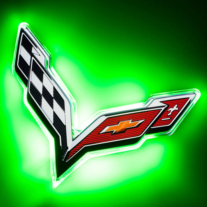 2014-2019 Chevrolet C7 Corvette Rear Illuminated Emblem with green LEDs.