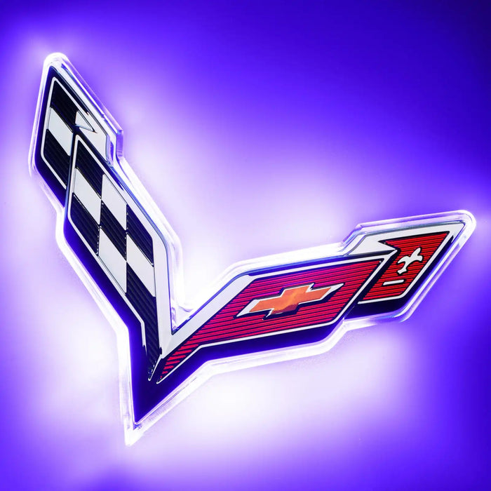 2014-2019 Chevrolet C7 Corvette Rear Illuminated Emblem with purple LEDs.