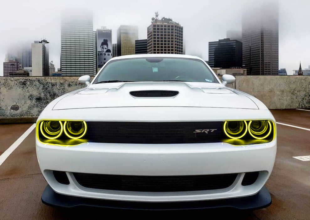 Front end of a white Dodge Challenger with yellow LED headlight halo rings installed.
