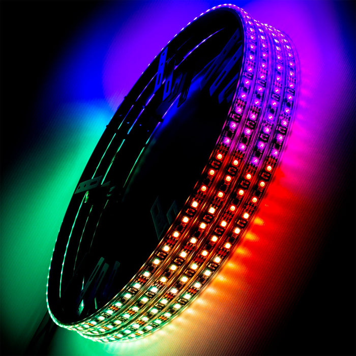 4 Dynamic colorshift wheel rings stacked on top of each other with rainbow LEDs..