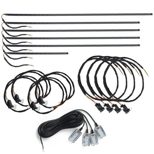Dynamic ColorSHIFT 18-Piece Universal LED Interior Kit - Bluetooth Multi-Zone Lighting components including LED strips and connectors.
