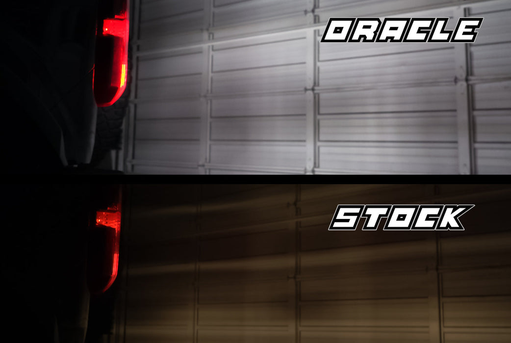 Comparison of 2021-2022 Ford Bronco WT21W Extreme-Performance LED Reverse Light Bulbs against stock halogen lighting.