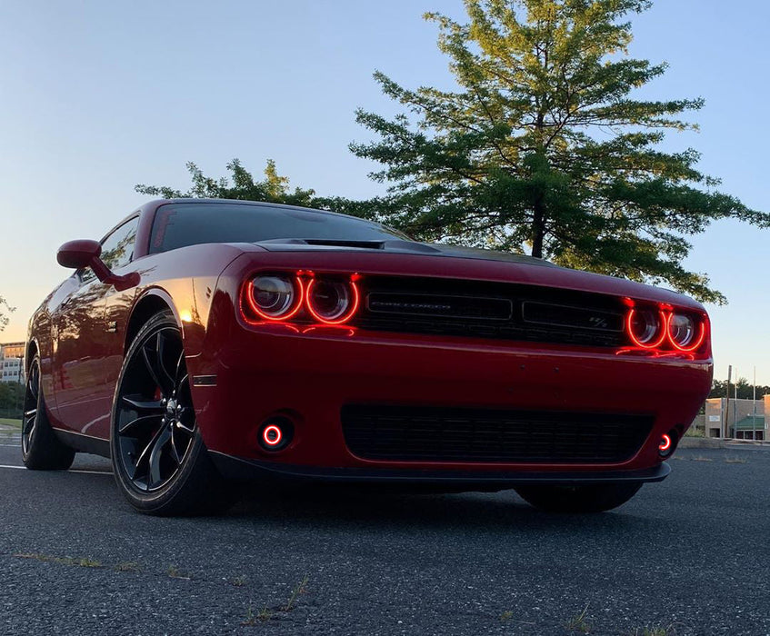 Red challenger with red headlight and fog light halos