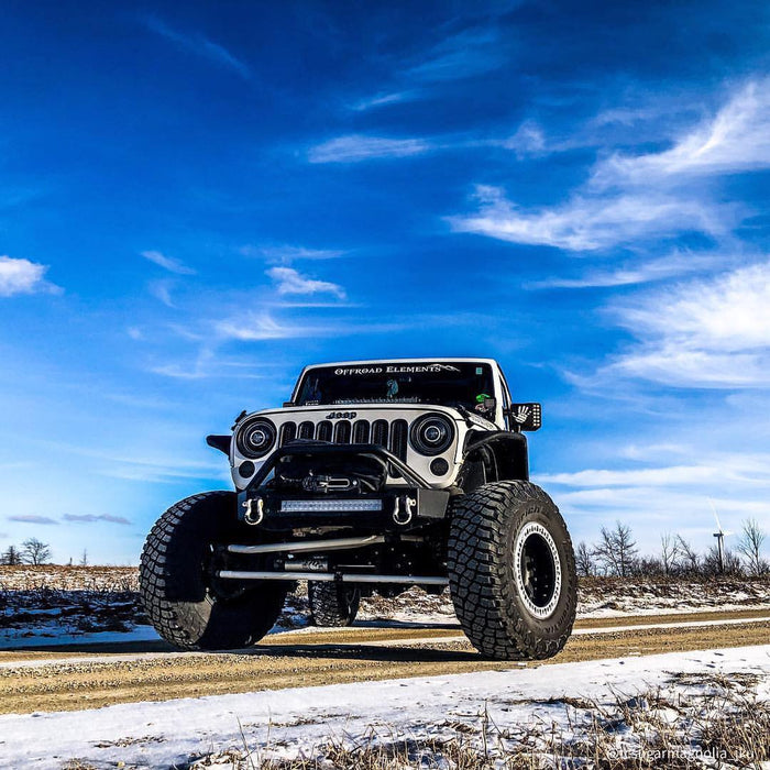 Front end of a Jeep Wrangler JK with LED Off Road Side Mirrors installed.