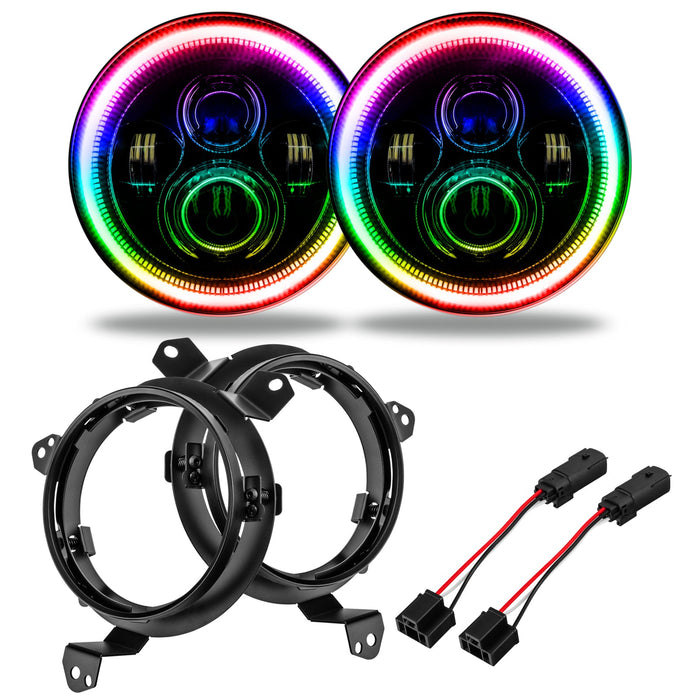 7" High Powered LED Headlights with rainbow halos, bezels and wiring adapters