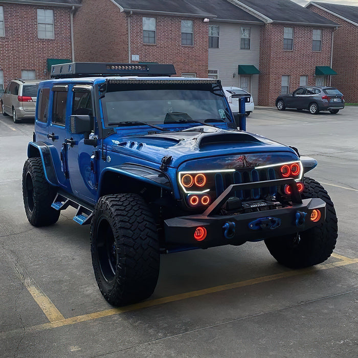 Three quarters view of a Jeep Wrangler with Vector™ Series Grill LED Halo Kit installed.