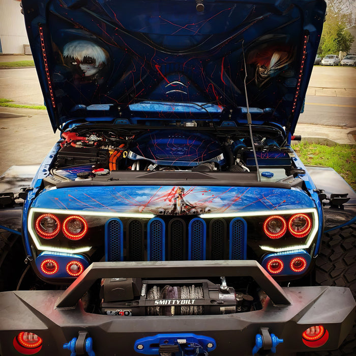 Front end of a Jeep Wrangler with Vector™ Series Grill LED Halo Kit installed.