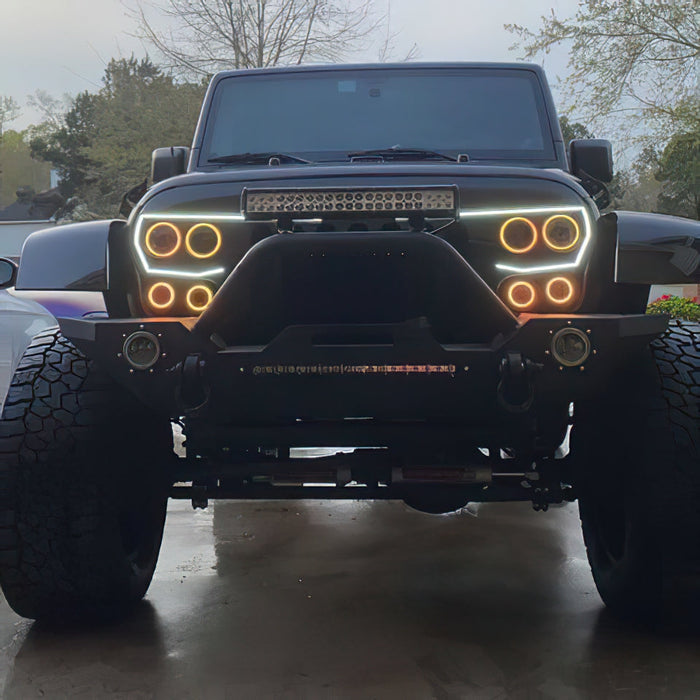 Front end of a Jeep Wrangler with Vector™ Series Grill LED Halo Kit installed.