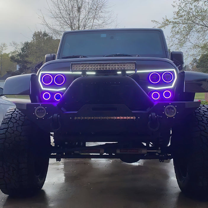 Front end of a Jeep Wrangler with Vector™ Series Grill LED Halo Kit installed.