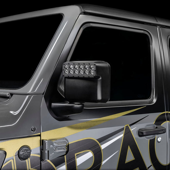 Close-up of a Jeep Wrangler JL equipped with LED Off-Road Side Mirrors.