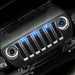 Front end of a Jeep Wrangler JL with cyan Pre-Runner Style LED Grill Light Kit installed.