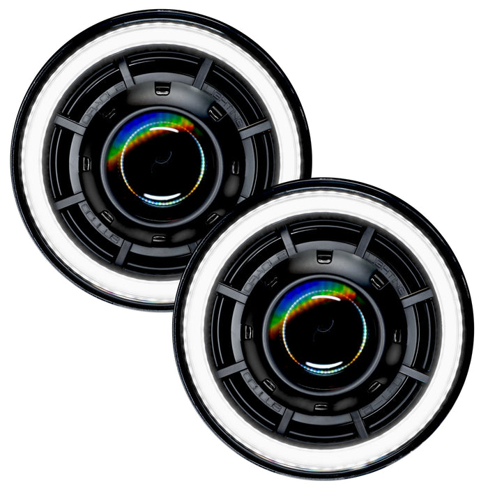 Oculus™ 7" Bi-LED Projector Headlights for Jeep Wrangler JK with white halos.