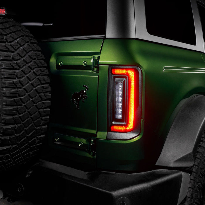 Close-up of Tinted Flush Style LED Tail Lights installed on Ford Bronco, with DRLs on.