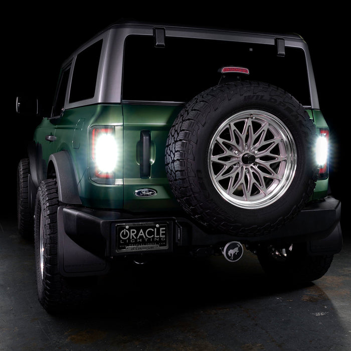 Rear view of Ford Bronco with Flush Style LED Tail Lights installed, and reverse lights on.