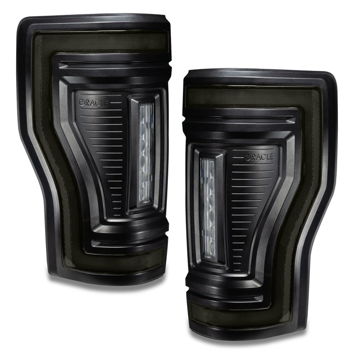 Angled view of Flush Mount LED Tail Lights for 2017-2022 Ford F-250/350 Superduty with tinted lens.