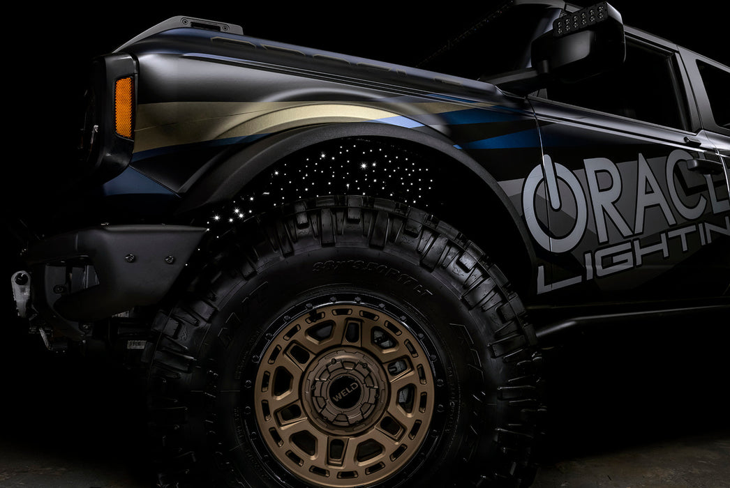Low shot of fiber optic wheel liner kit installed with white LED lighting.