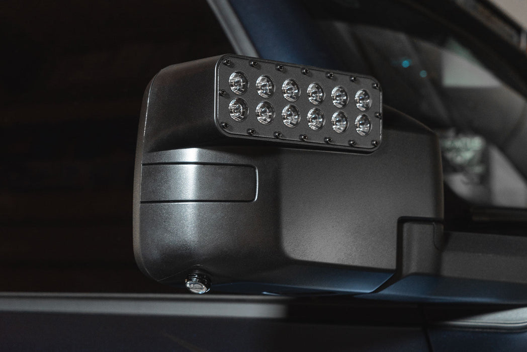 Close-up of a LED Side Mirror installed on a Ford Bronco with Puddle Light upgrade