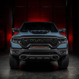 Straight front view of a RAM TRX with LED Off-Road Side Mirror Ditch Lights installed
