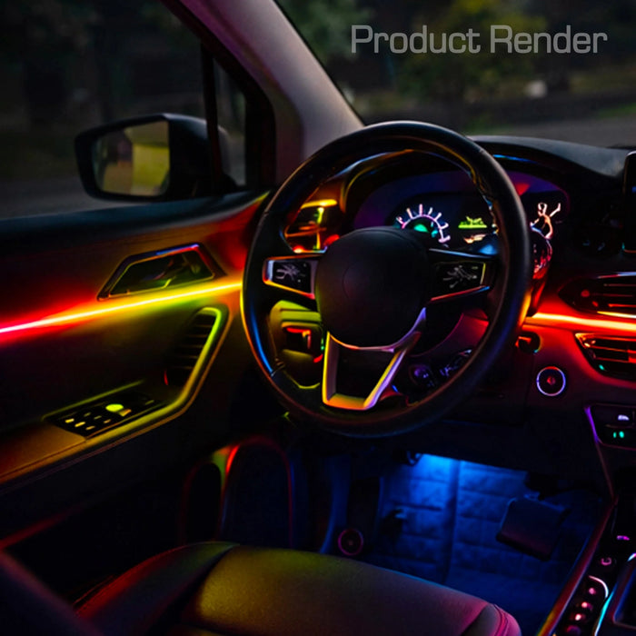 Dynamic ColorSHIFT 18-Piece Universal LED Interior Kit - Bluetooth Multi-Zone Lighting inside a car, showcasing vibrant LED lights.
